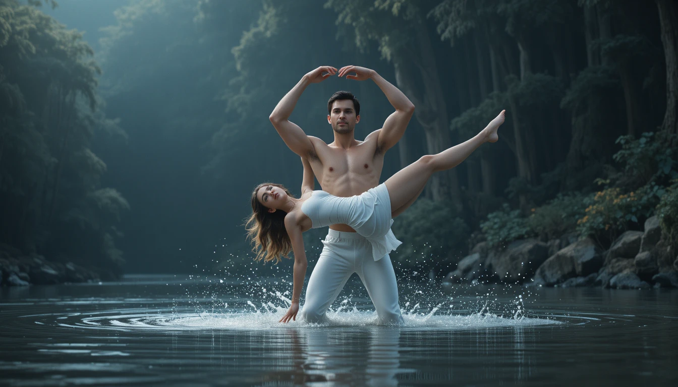 Elevación de baile romántica de una pareja en un lago oscuro