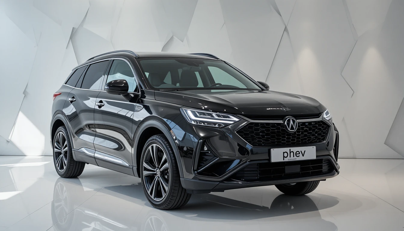 SUV Jetour T1 PHEV preto em destaque em showroom iluminado