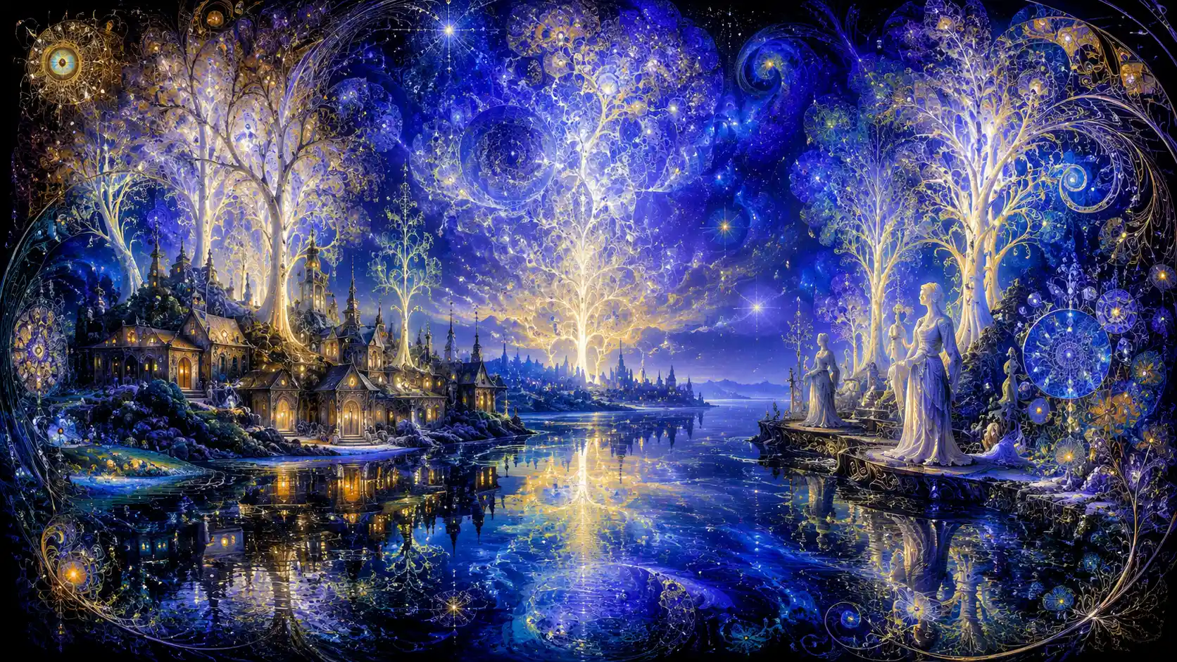 Dreamy fantasy landscape with white trees and reflective lake