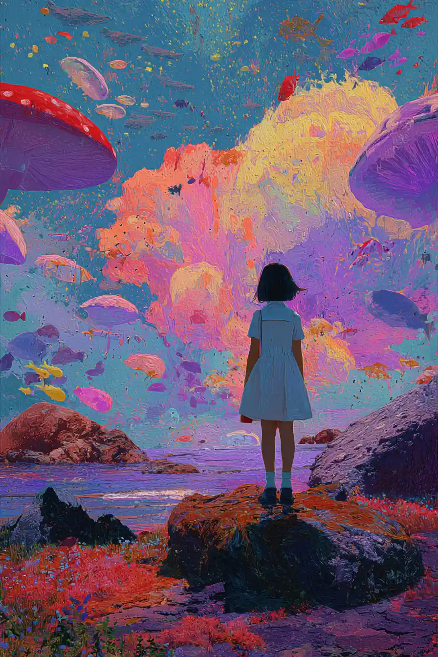 Whimsical surreal illustration in rich colorful canvas style