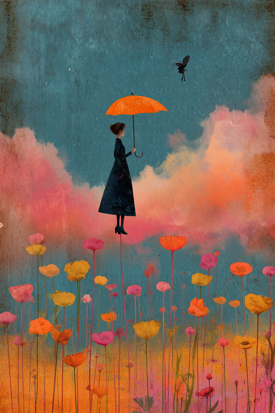 Verspielte Mixed-Media-Illustration in dunklen, satten Pop-Farben