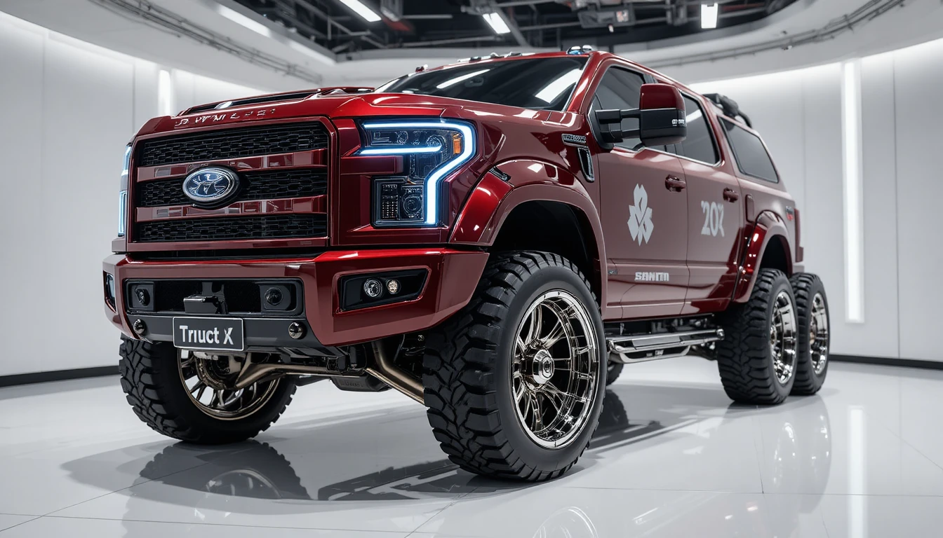 Caminhão militar vermelho personalizado em um showroom branco brilhante