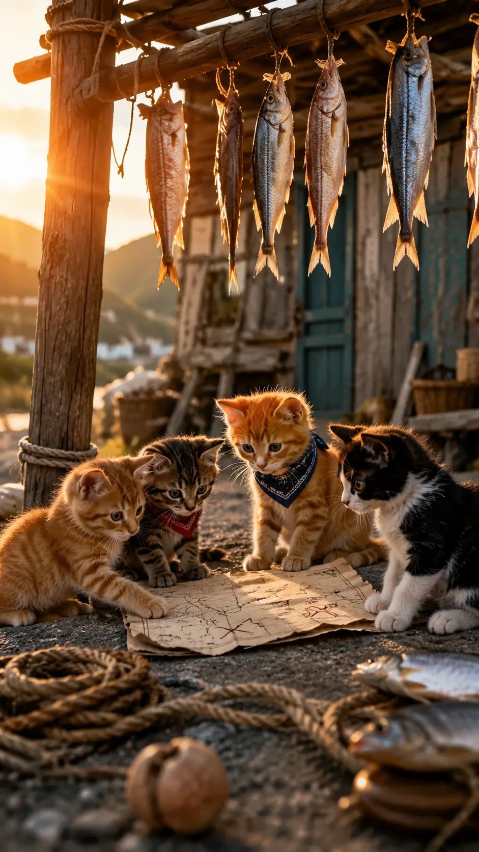 Playful kittens scheming under a rustic fishermen rack
