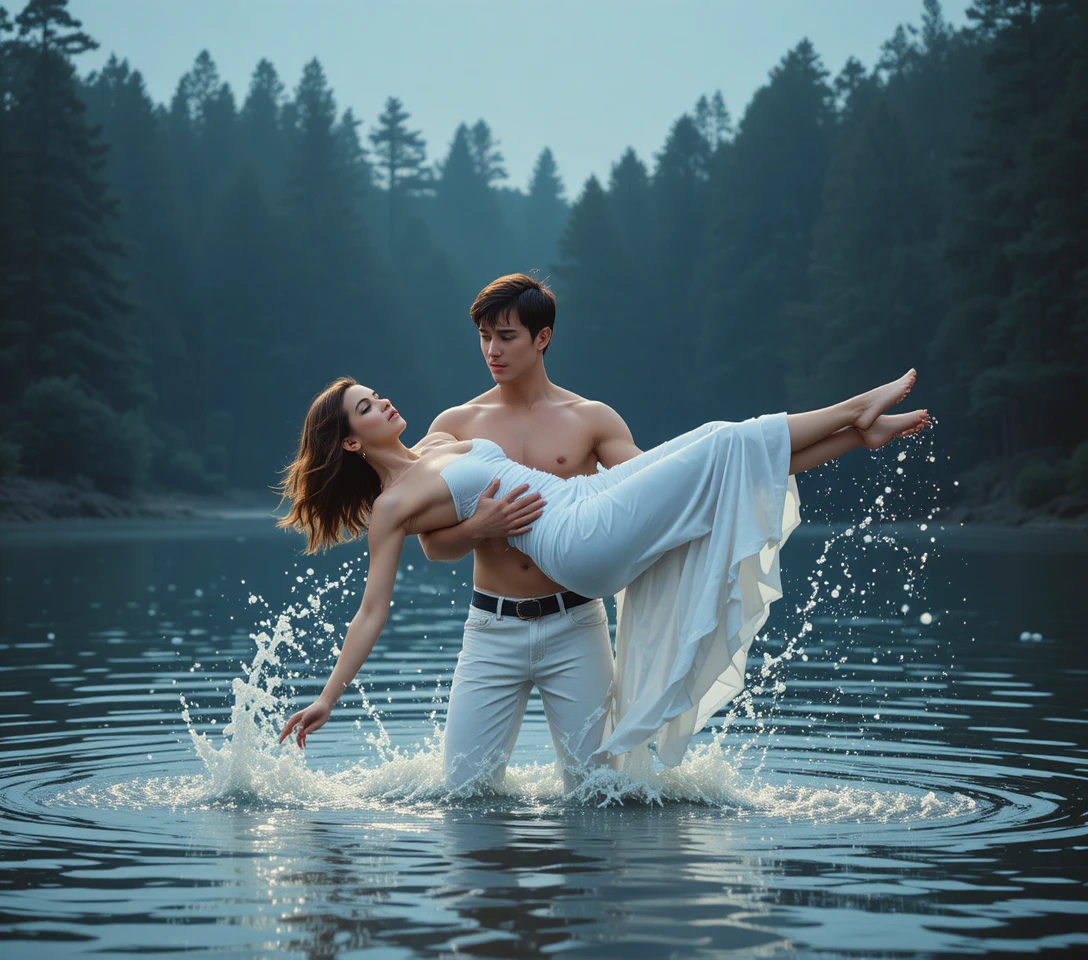 Elevação de dança romântica em um lago escuro ao anoitecer