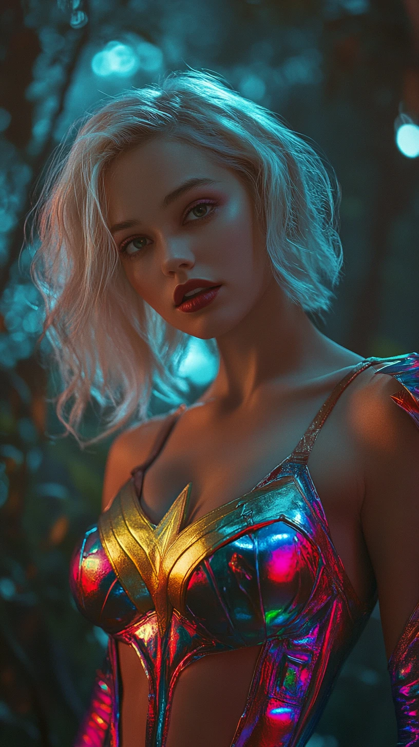 Blonde Superheldin im metallischen Romper unter dem Vollmond