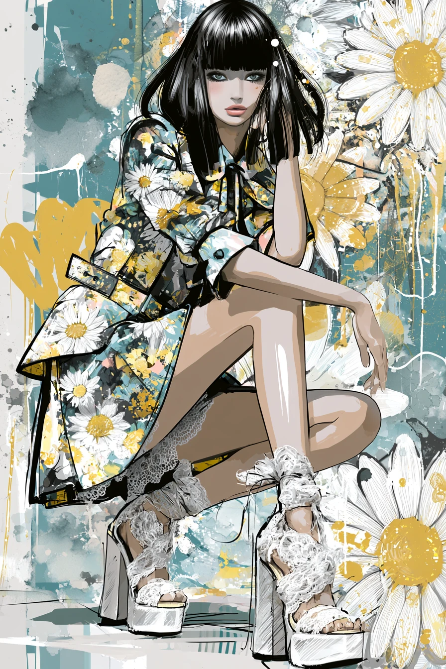 Ilustração de moda com tema de margaridas e modelo de alta-costura elegante