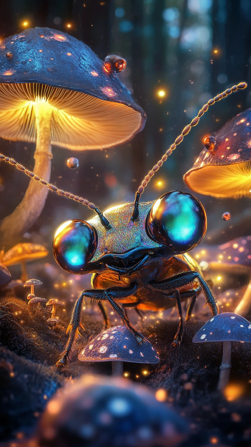Minúsculo besouro iridescente em uma floresta de cogumelos fantásticos e luminosos