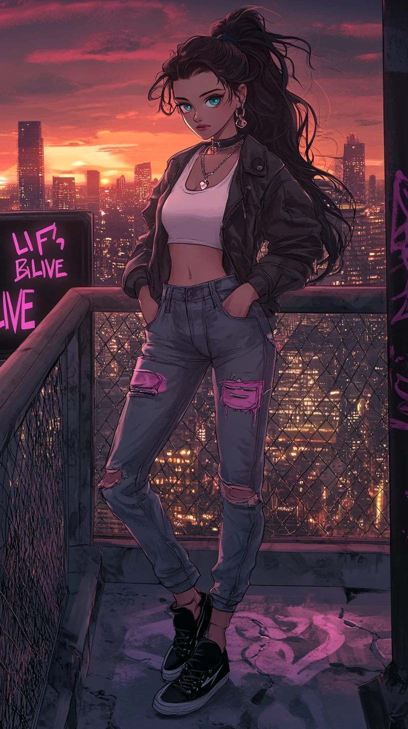 Ragazza anime su terrazza sul tetto illuminata al neon al tramonto