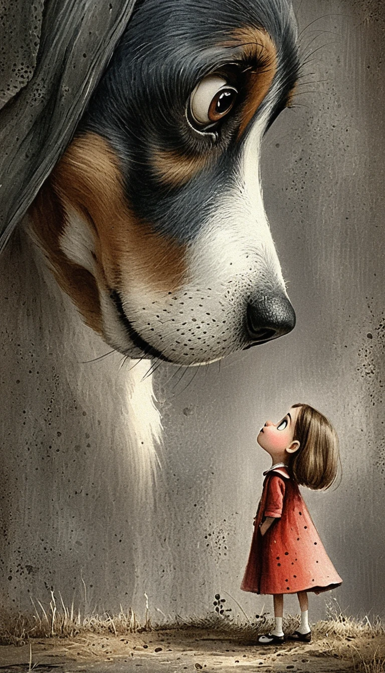 Beagle gigante diante de uma garotinha em arte digital dramática