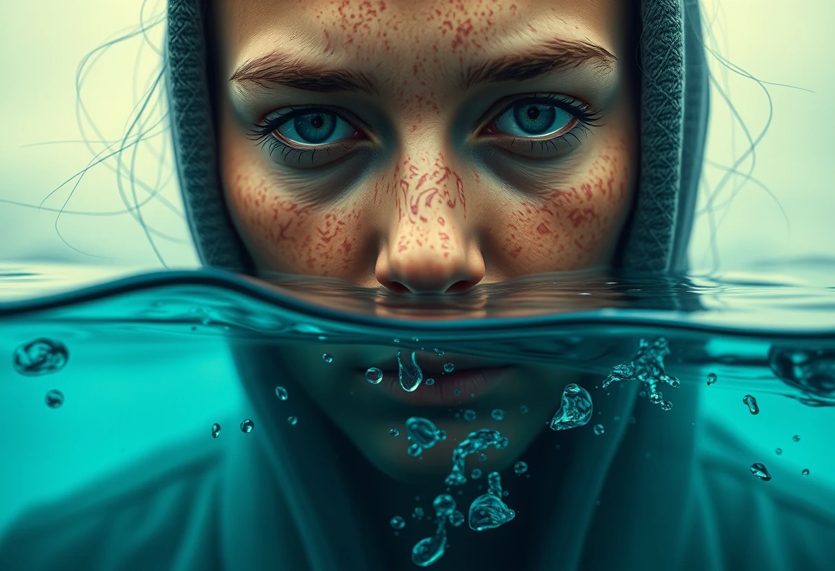 Retrato íntimo em close-up de uma mulher com água cósmica