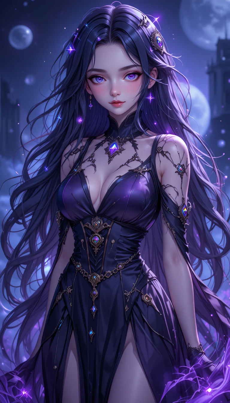 Junge Anime-Hexenmädchen mit leuchtend violetten Augen