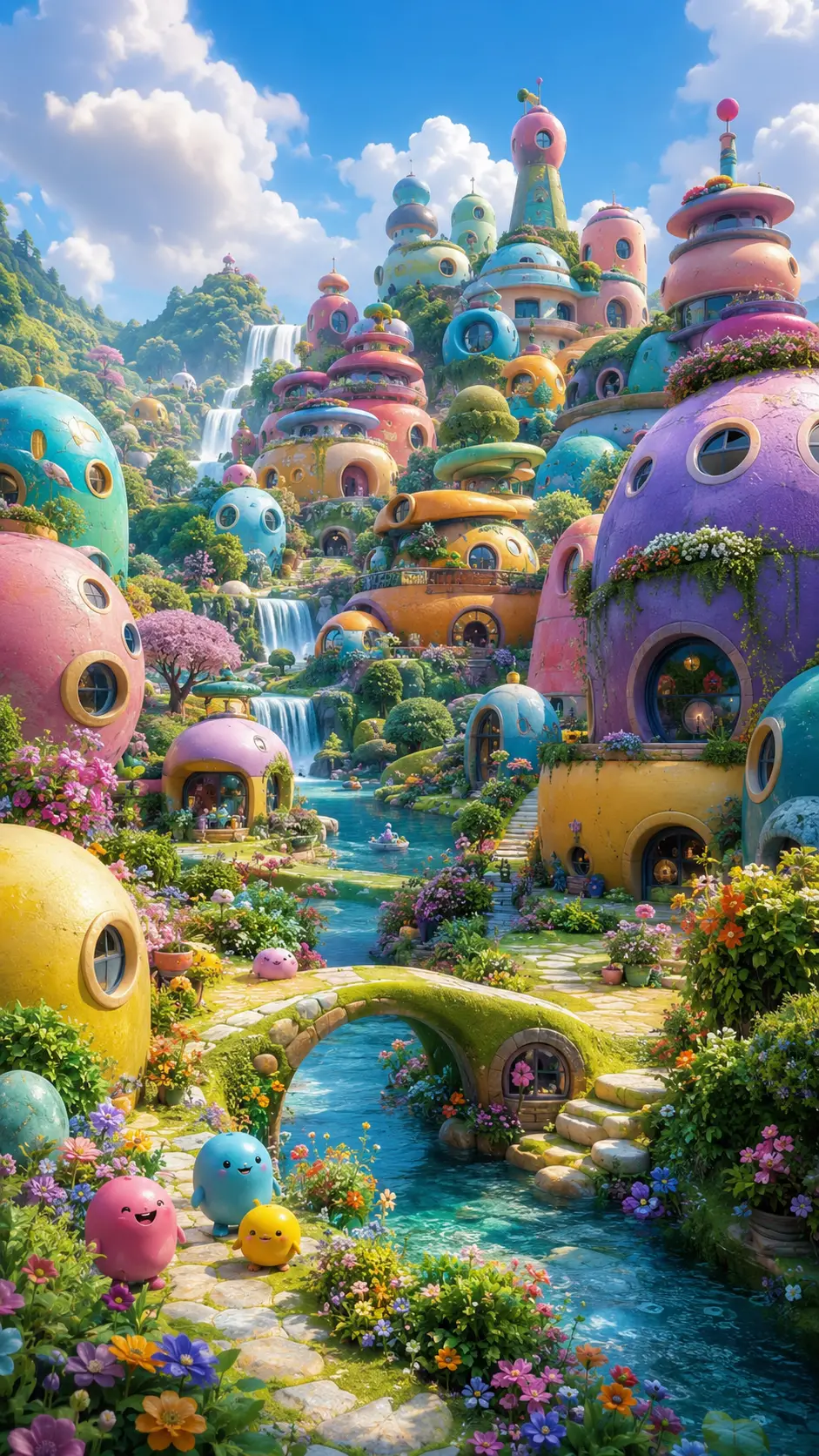 Farbenfrohe runde Fantasiestadt in heller ländlicher Landschaft