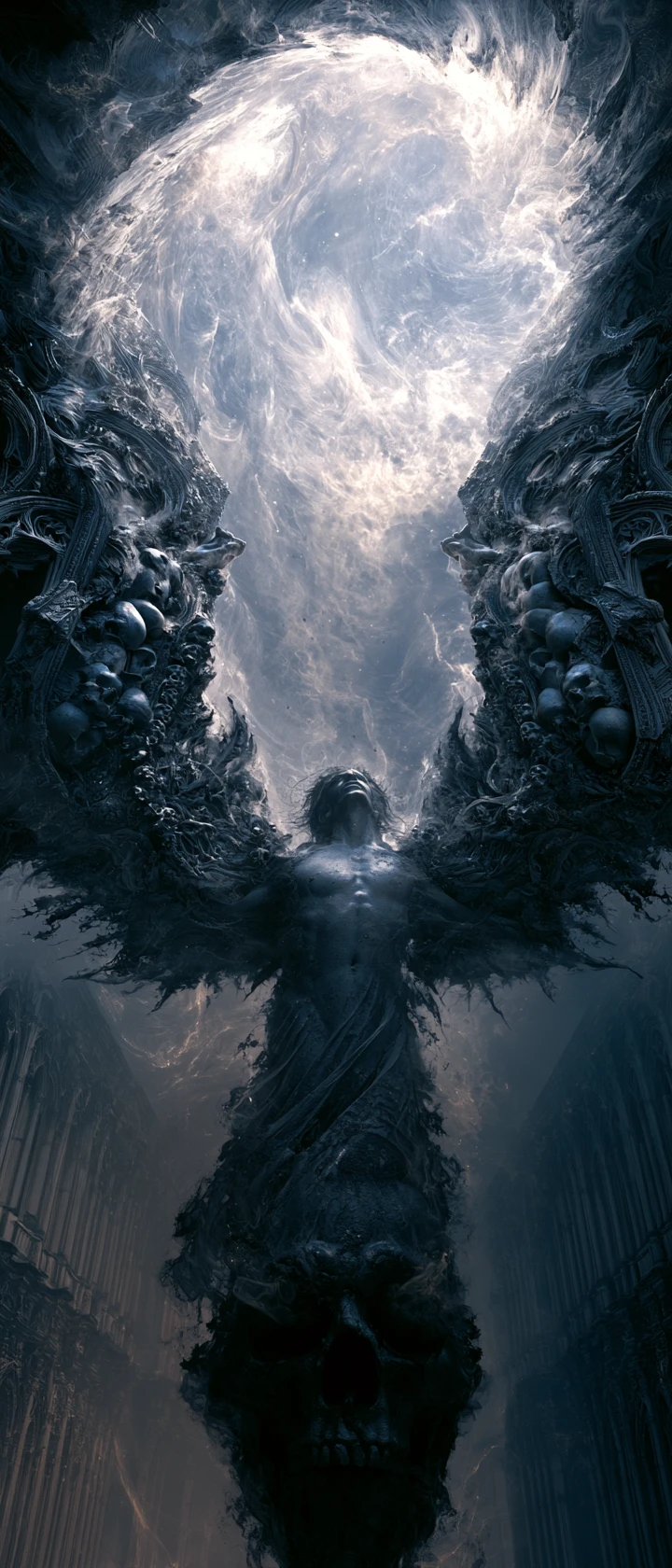 Anjo sombrio caído em uma tempestade cósmica gótica surreal