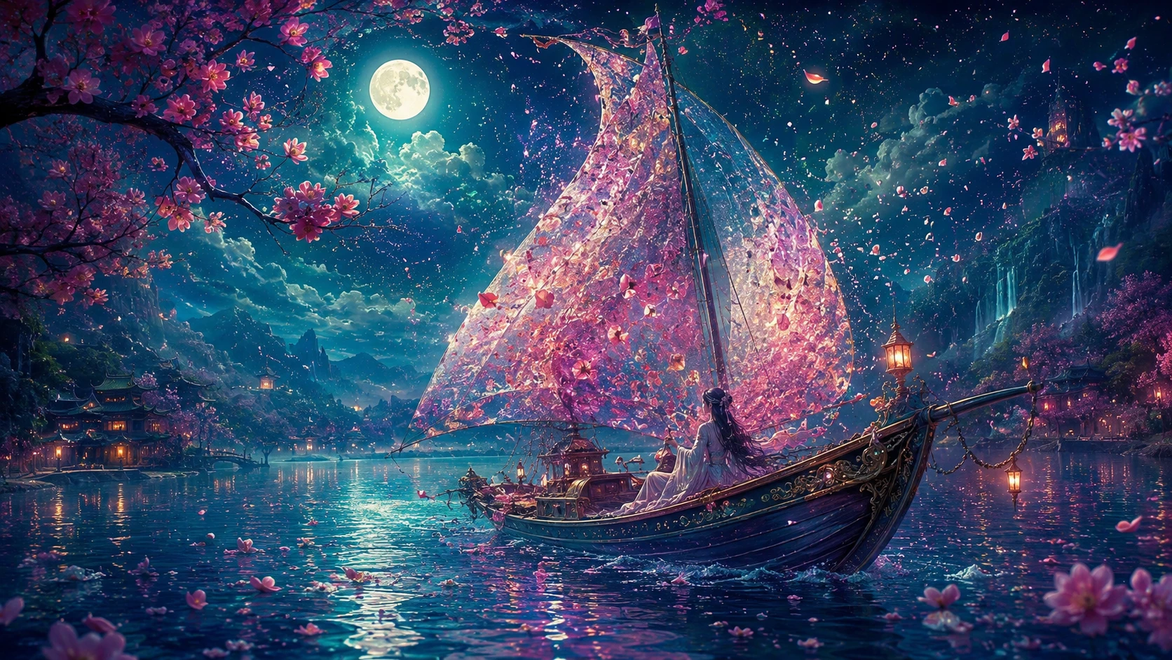 Velero de fantasía flotando sobre un lago florido a la luz de la luna