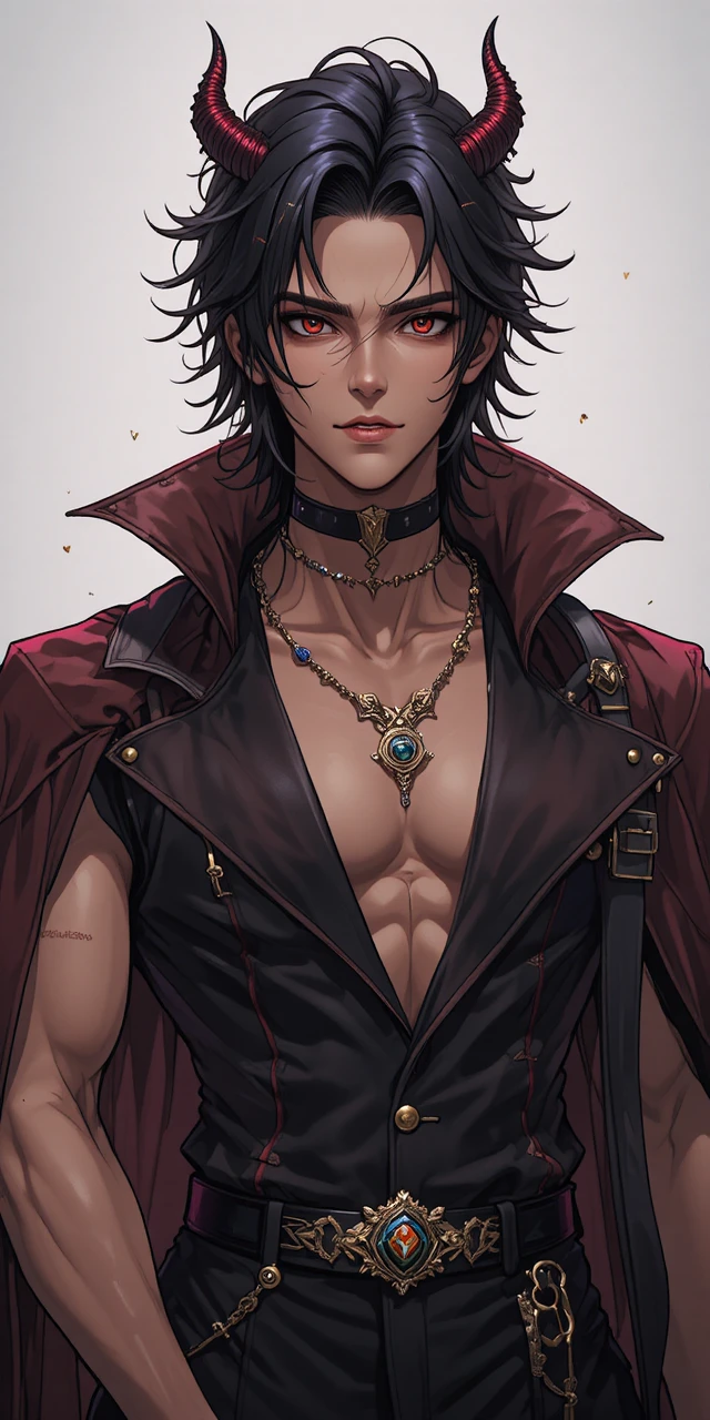 Prince incube d’anime sombre aux yeux rouges et aux cornes