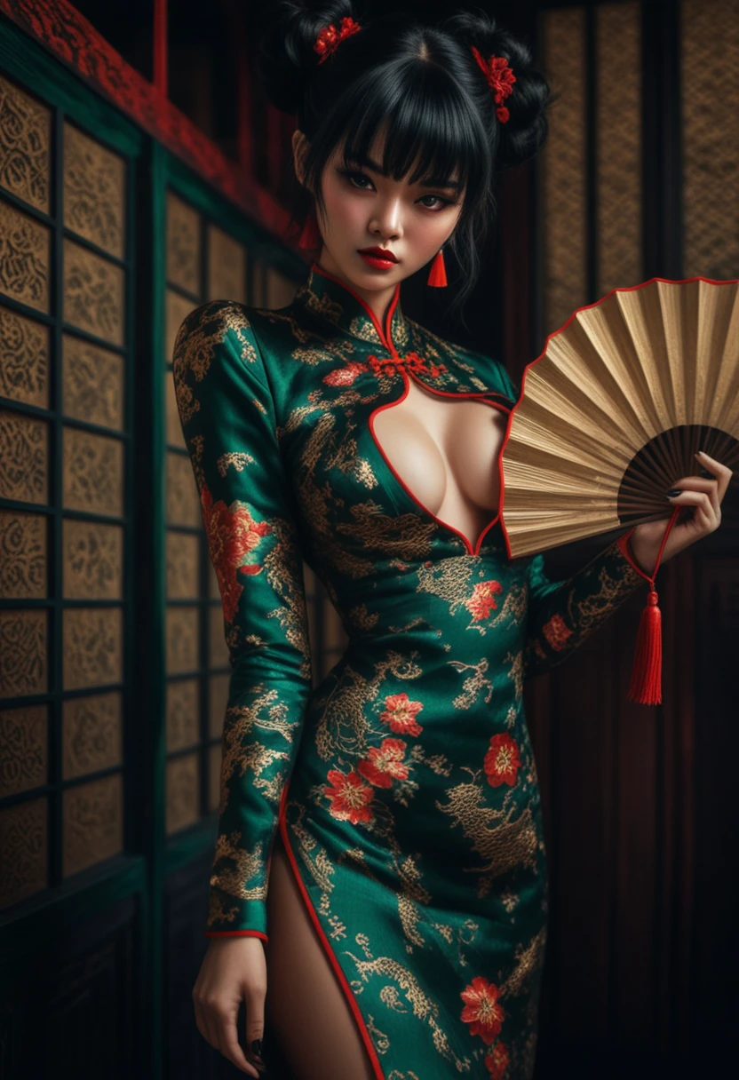 Mulher de fantasia sombria em qipao esmeralda com leque