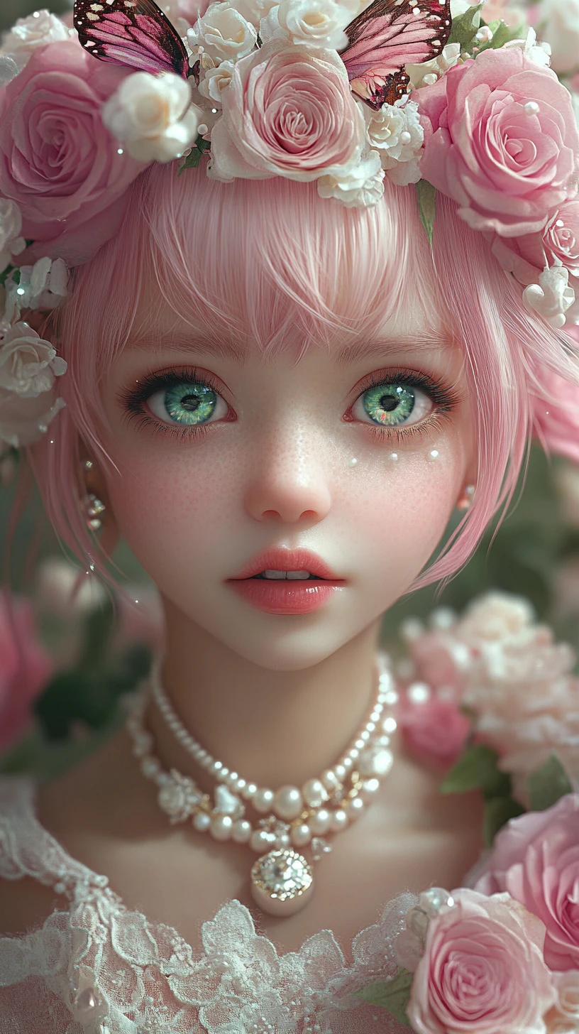 Whimsical pink haired girl in a magical rose garden