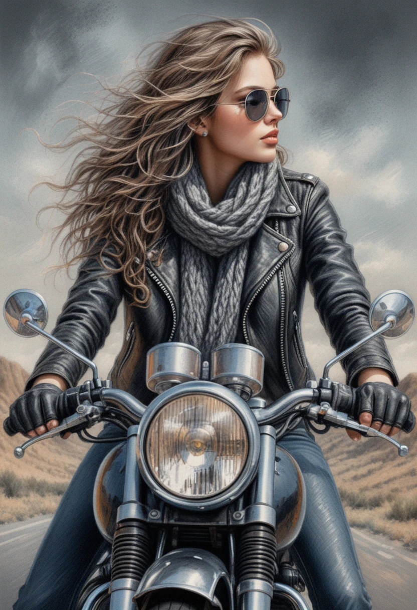 Mulher confiante pilotando moto vintage em direção ao observador