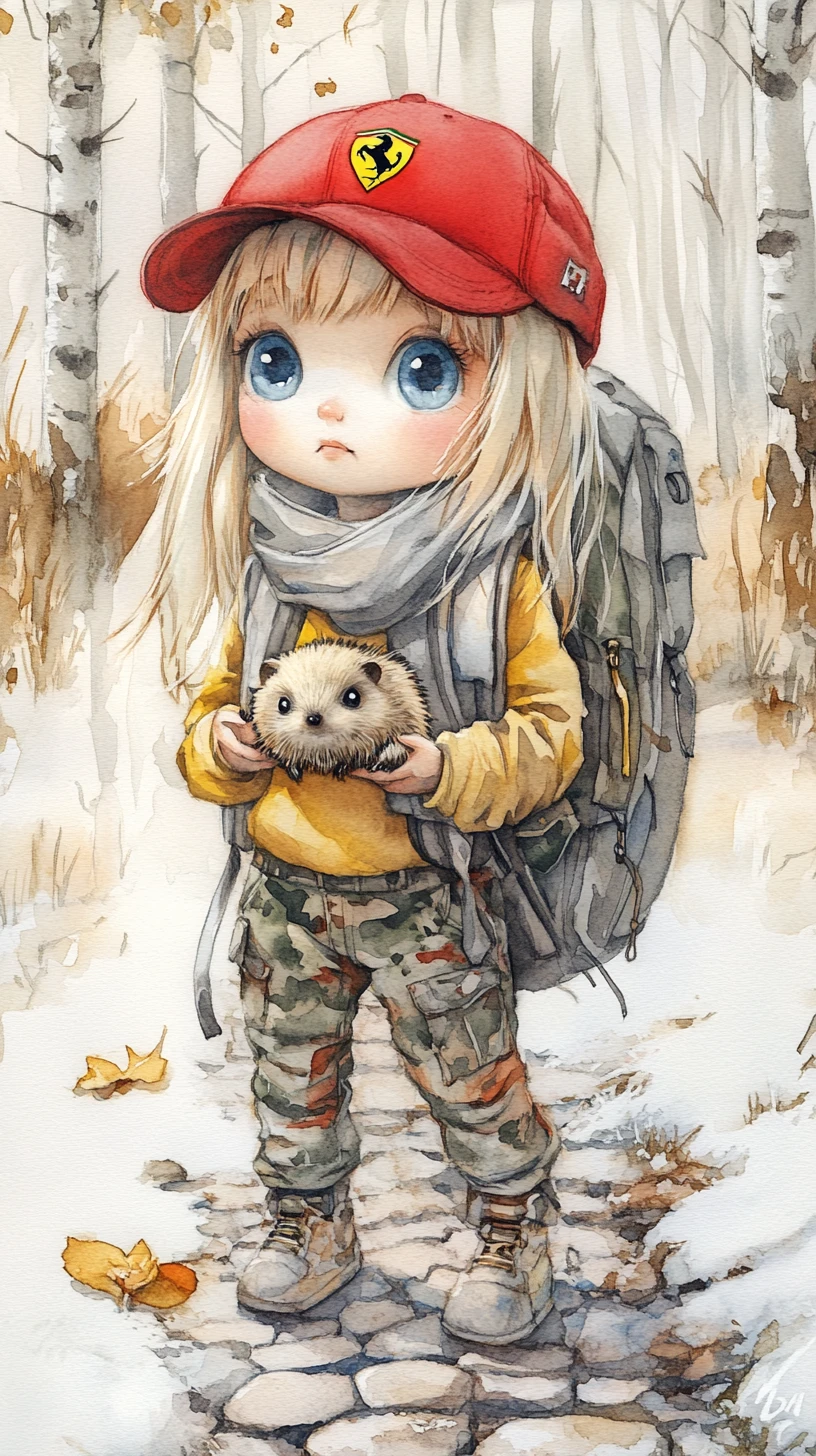 Menina jovem em aquarela segurando um ouriço na neve