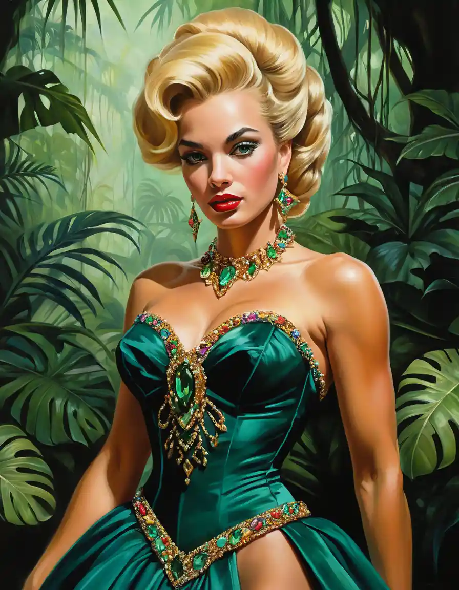 Sensuale donna fantasy nella foresta pluviale con abito da ballo in maschera
