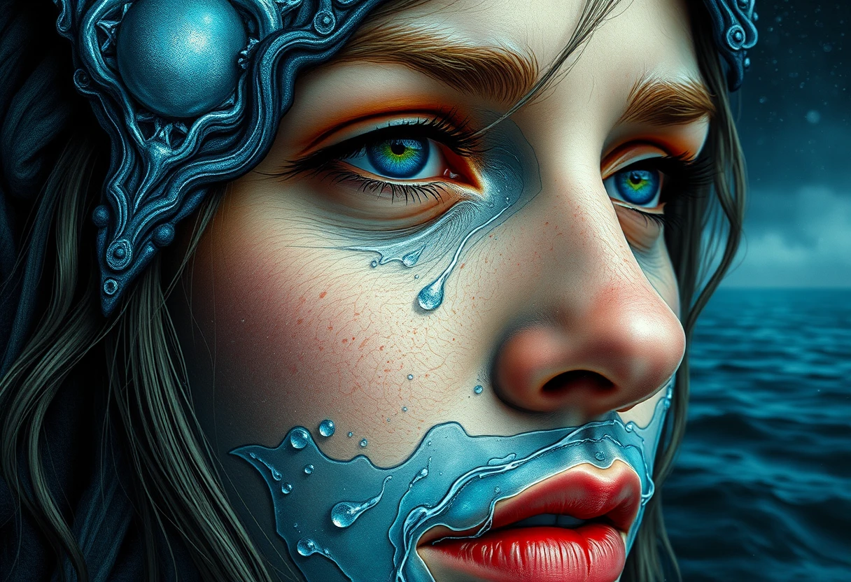Close up portrait of a woman fused with ocean water
