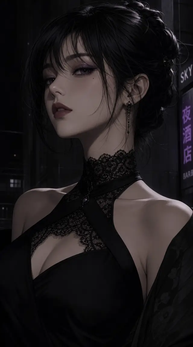 Elegant anime woman with black hair in urban shadows