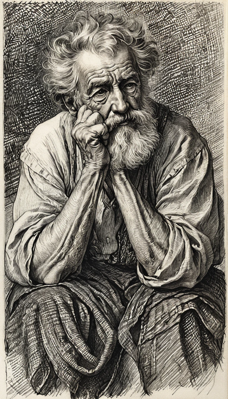 Retrato gravado de um senhor idoso pensativo com olhar intenso