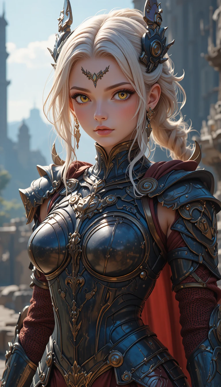 Athletic dragon horned anime warrior girl in royal armor