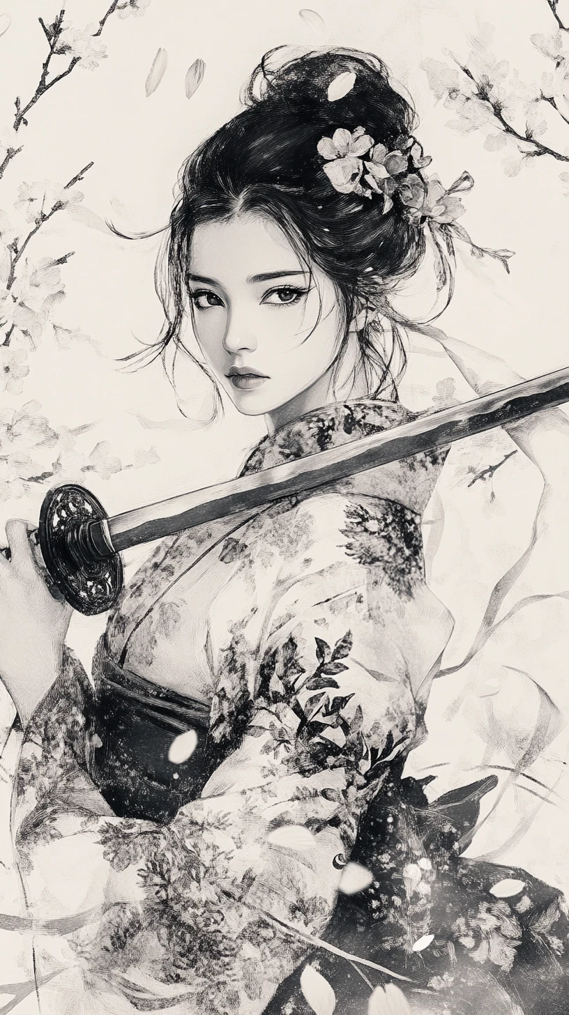 Samurai donna in kimono con katana tra i fiori di ciliegio