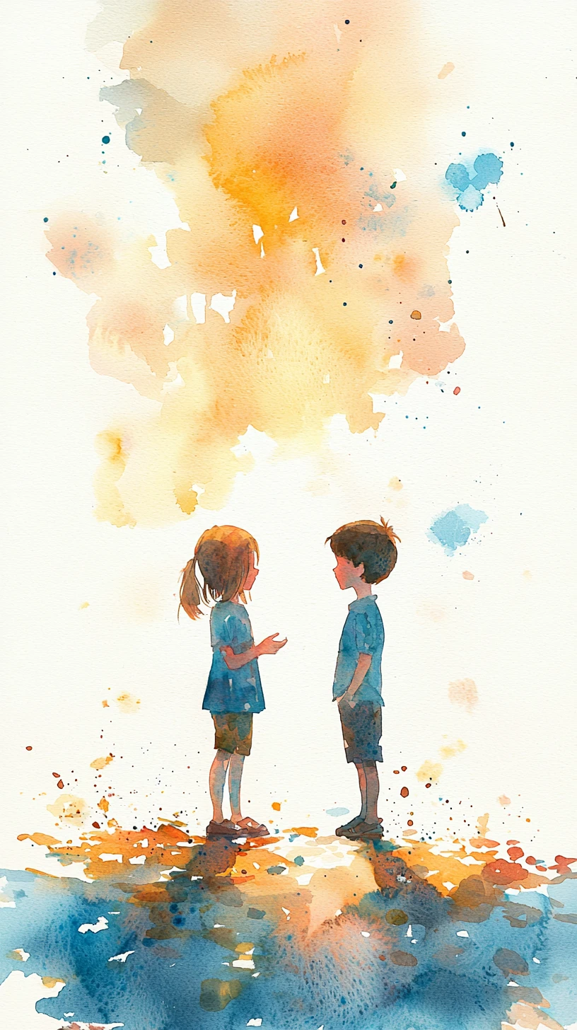 Deux enfants en train de parler dans une douce illustration à l’aquarelle