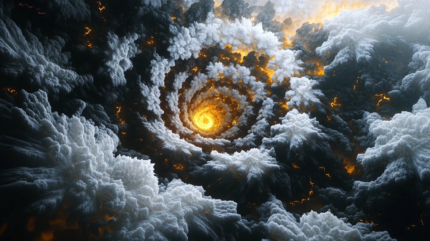 Structure florale colossale en spirale autour d’un noyau lumineux