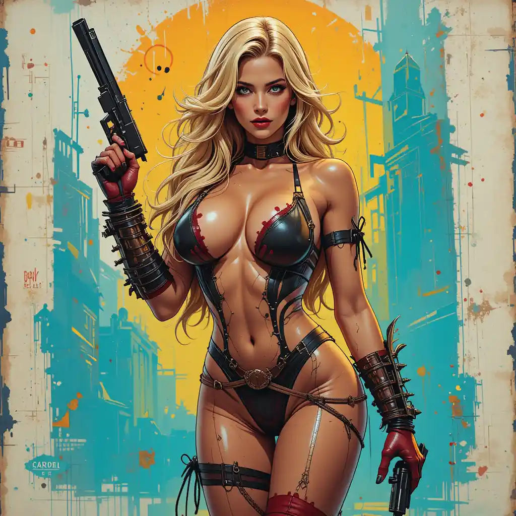 Seductive full body blonde pin up in fantasy armor