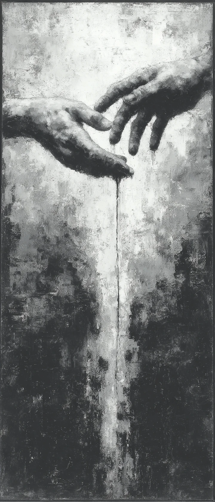 Deux mains abstraites d’encre se tendant à travers un vide sombre
