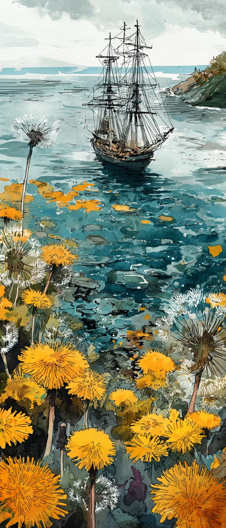 Paisagem marinha em aquarela com ilustração abstrata de veleiro