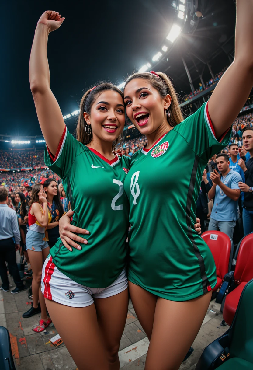Mother and daughter celebrating in fisheye stadium close up