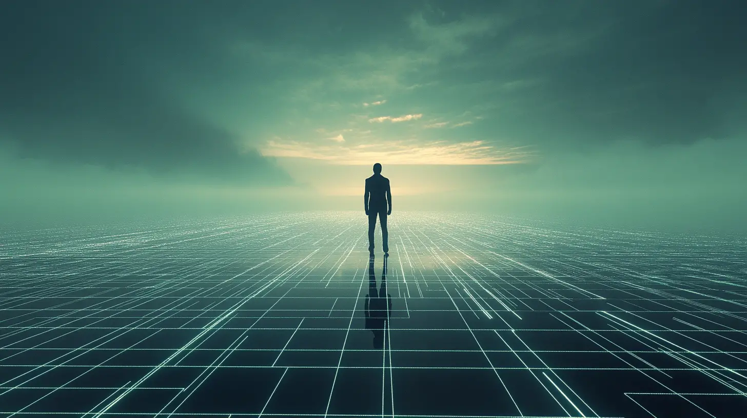 Wide grid data landscape with distant human silhouette