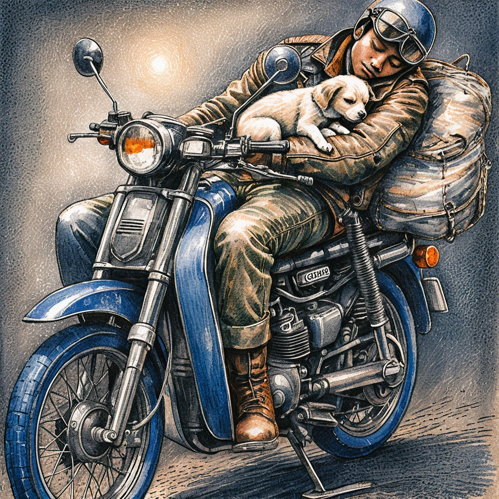Motociclista cansado dormindo em moto vintage com filhote de cachorro