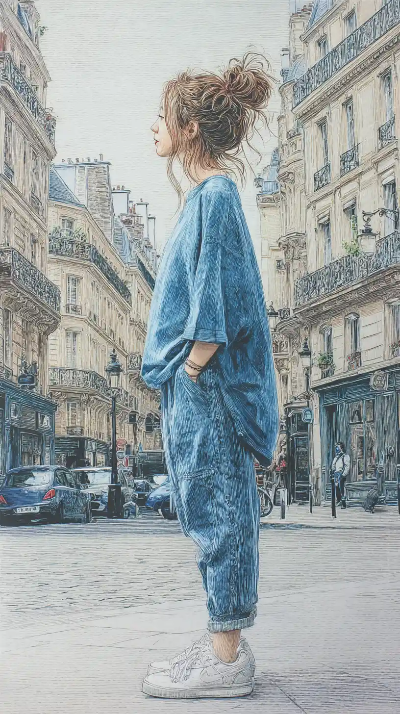Jovem mulher com roupa oversized na calçada de uma rua parisiense