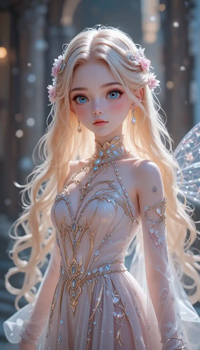 Young winged healer girl in pastel anime fantasy