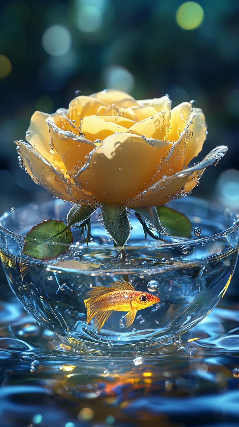 Gelbe Rose und leuchtende Wasserschildkröte im Glasgefäß