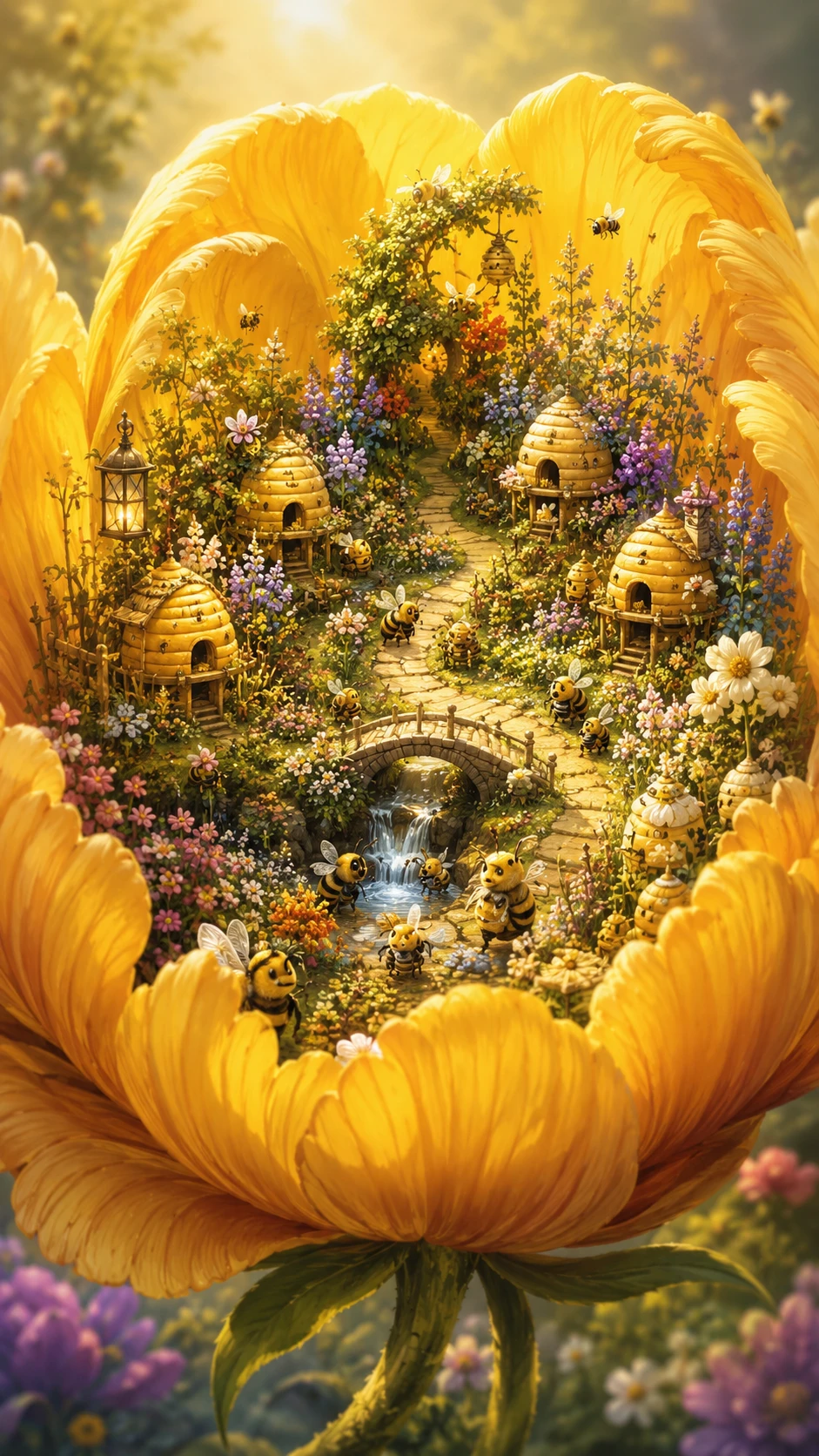 Sunlit Fantasy Flower World Filled With Tiny Bees