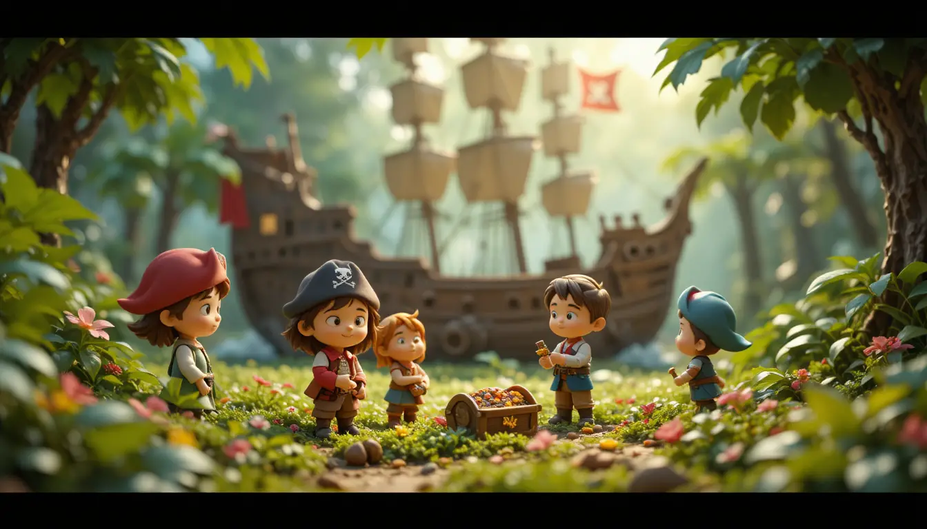 Fröhliche Kinder entdecken Piratenschatz im Wald