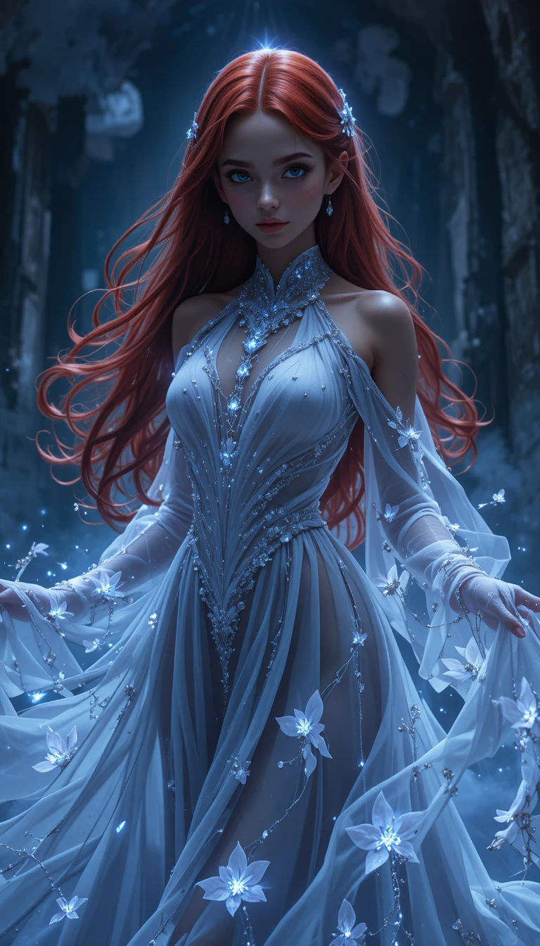 Ethereal young spirit girl in flowing spectral gown