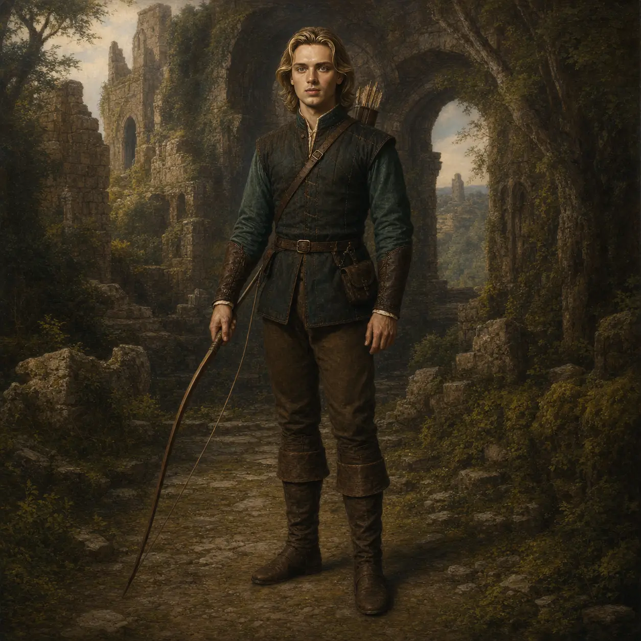 Full length renaissance portrait of a man with bow and arrows