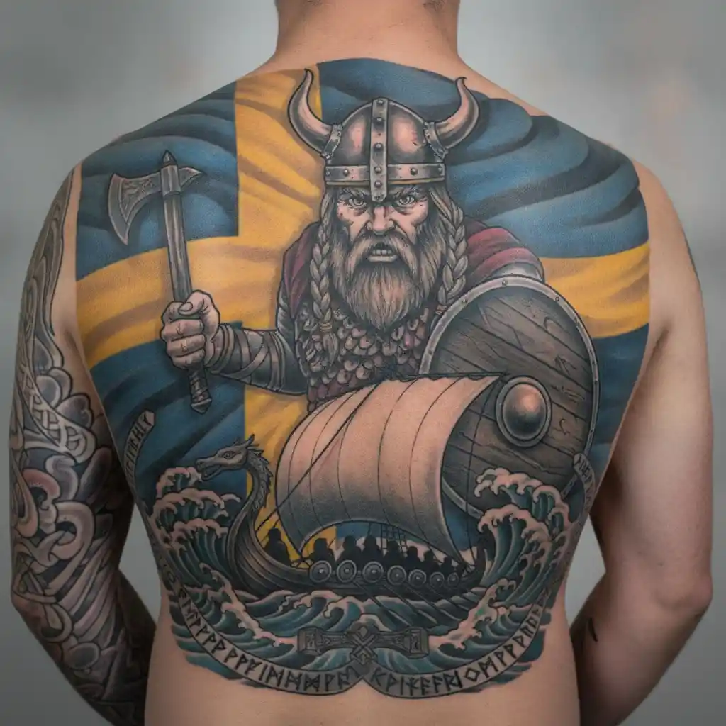 Wikingerkrieger-Tattoo mit Schiff und schwedischer Flagge im Hintergrund