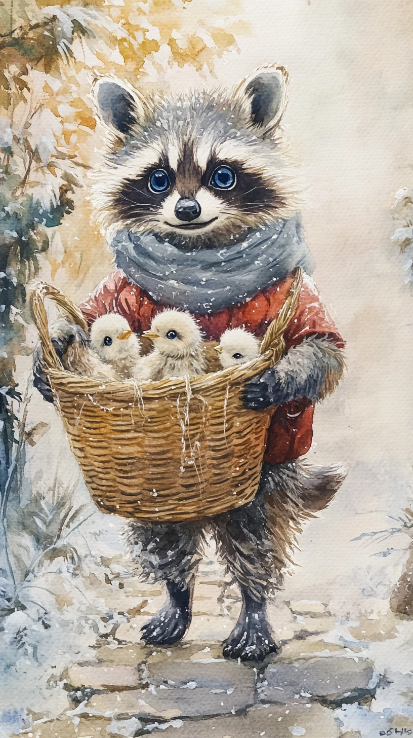 Guaxinim em aquarela carregando pintinhos em um cesto sobre paralelepípedos nevados