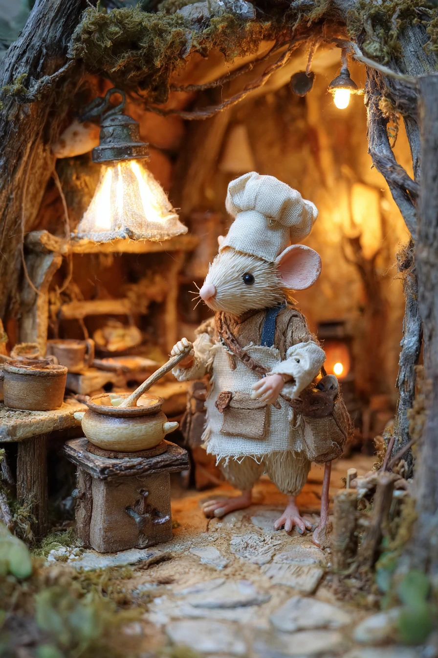 Chef goblin assustado em uma minúscula cozinha encantada na floresta