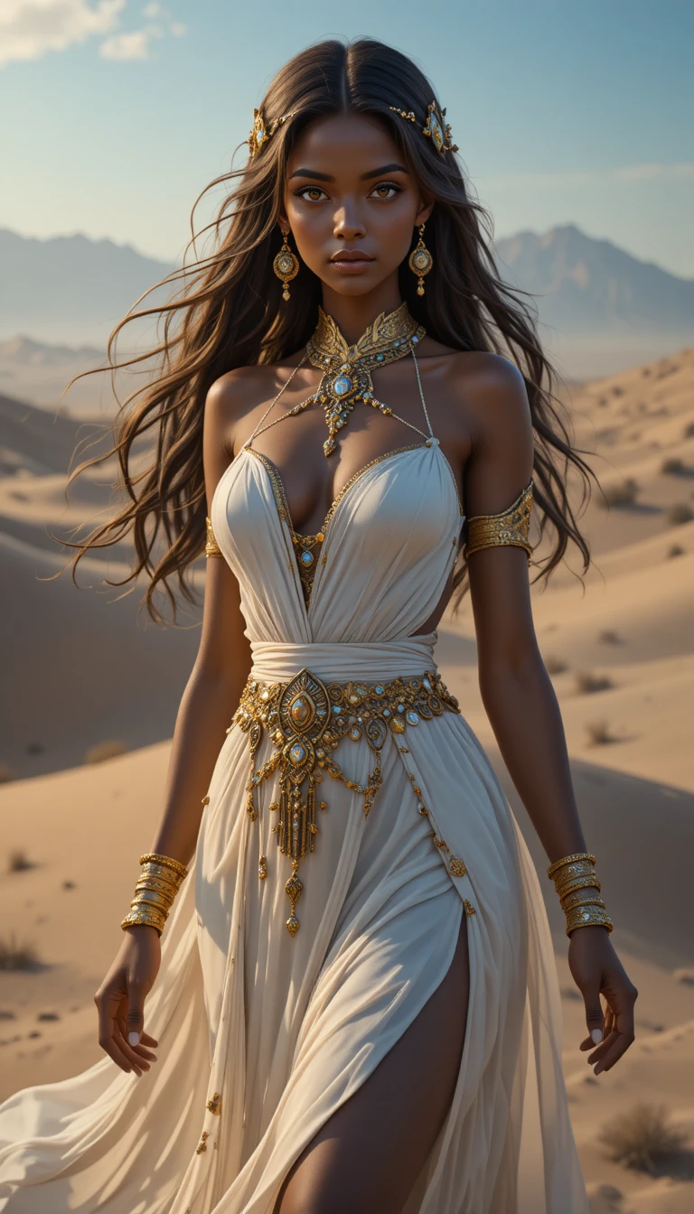 Hechicera elegante espíritu del desierto con aura mágica resplandeciente