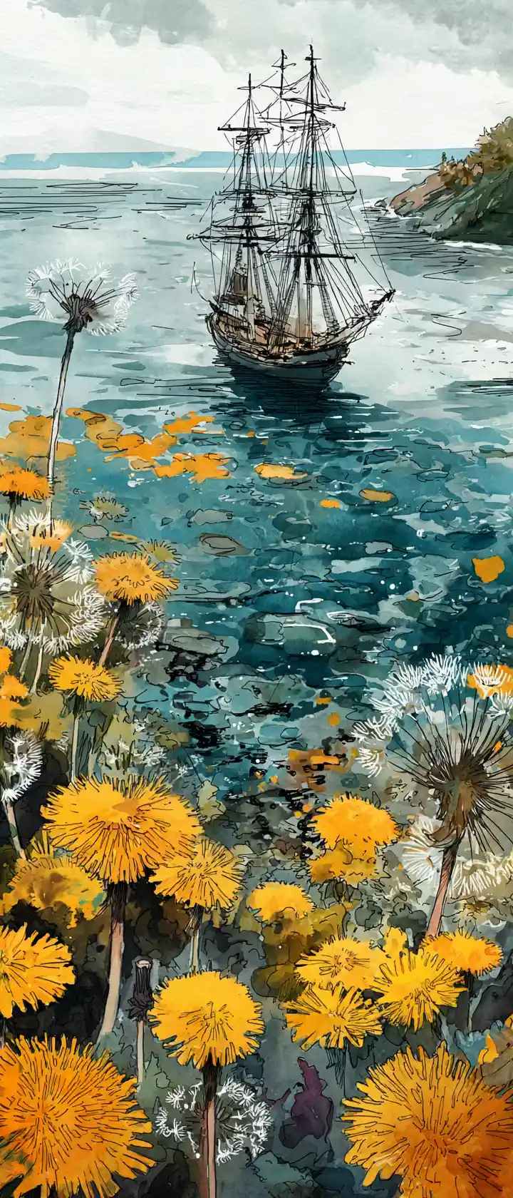 Watercolor seascape with abstract sailing ship illustration