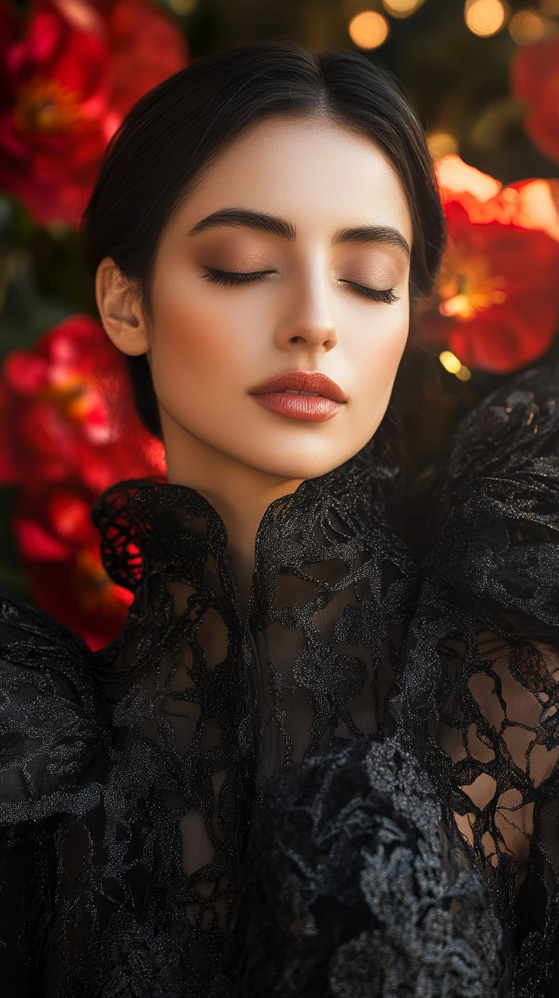 Brazilian woman in black couture coat with closed eyes